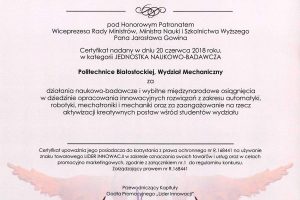 Certyfikat Lider Innowacji 2018