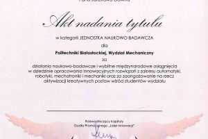 Akt nadania tytułu Lider Innowacji 2018