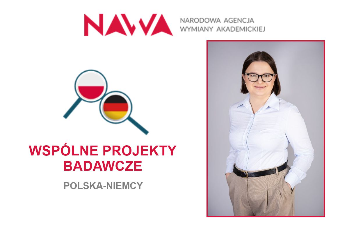 u góry logotyp. z lewej dwie lupki z flagami Polski oraz Niemiec pod podpis wspólne projekty badawcze, Polska-Niemcy. Po prawej kobieta w okularach.